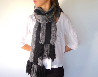 Black and grey men&#39;s scarf | Men&#39;s knitted scarf | Striped scarf with fringes | Unique handmade scarves