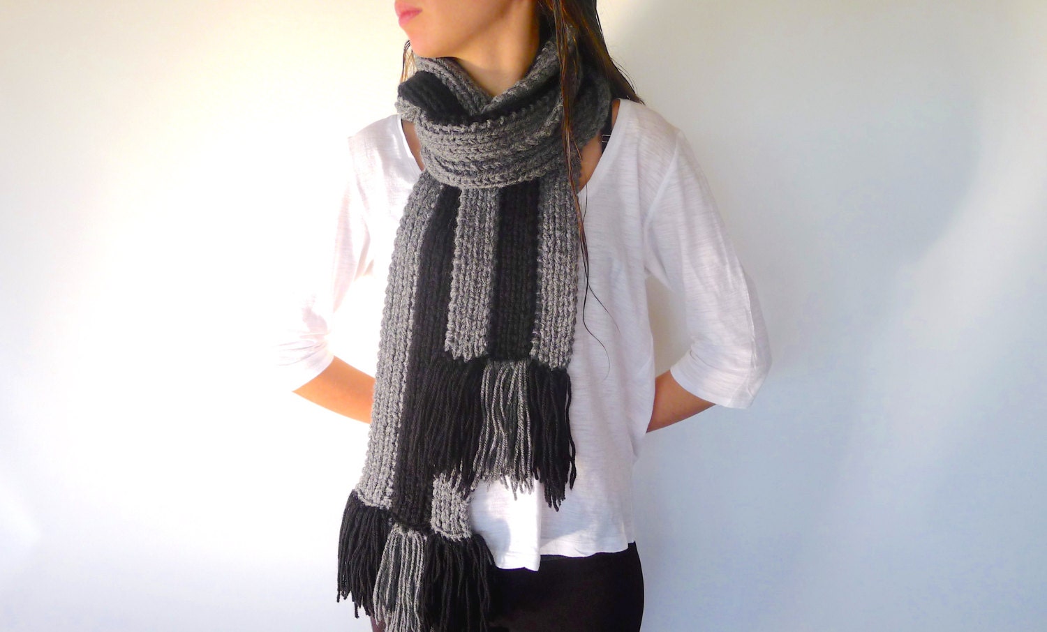 Bufanda de lana hombre Bufanda negra y gris hecha - Etsy España