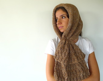 Knit hooded scarf in tan. Hooded neck warmer. Knit scarf hoodie. Wool cowl scarf. Unique handmade scarves