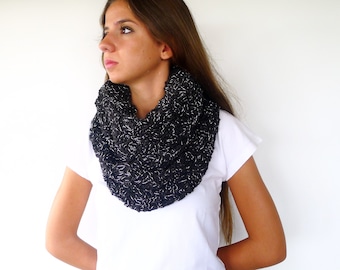 Black wool infinity scarf. Unique handmade scarves. Knit wool snood. Hand knitted scarf. Gift idea for women