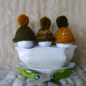 Set of 3 cozy egg warmers. Egg covers. Breakfast decor. Green egg cozy. Yellow egg warmer. Wool tiny hat. Knit egg cozy. Hand made