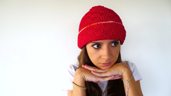 Red Beanie Hat. Hand Knit Beanie 
