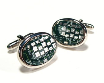 Christmas Gift Circuit Board Cufflinks Green Cufflinks Gift for Husband Oval Cufflinks Engineer's Gift Electronic Gift Accessory.