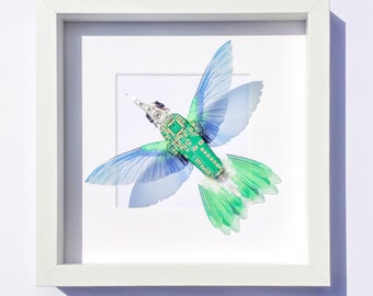 Framed Hummingbird Art Faux Taxidermy Wings Ornithology Gift Recycled Computer Art Made By Electrickery