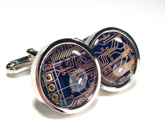 Real Recycled Circuit Board Cufflinks, Blue, Geek Jewelry, Men's Gift, Computer Chip, Electronic, Accessory, Eco, Recycled, Motherboard.