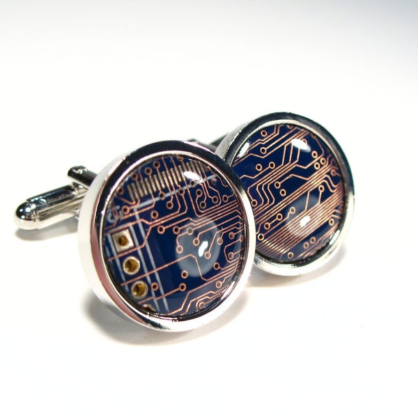 Boutons de manchette en véritable circuit imprimé recyclé, bleu, bijoux de geek, cadeau pour homme, puce informatique, électronique, accessoire, écologique, recyclé, carte mère.