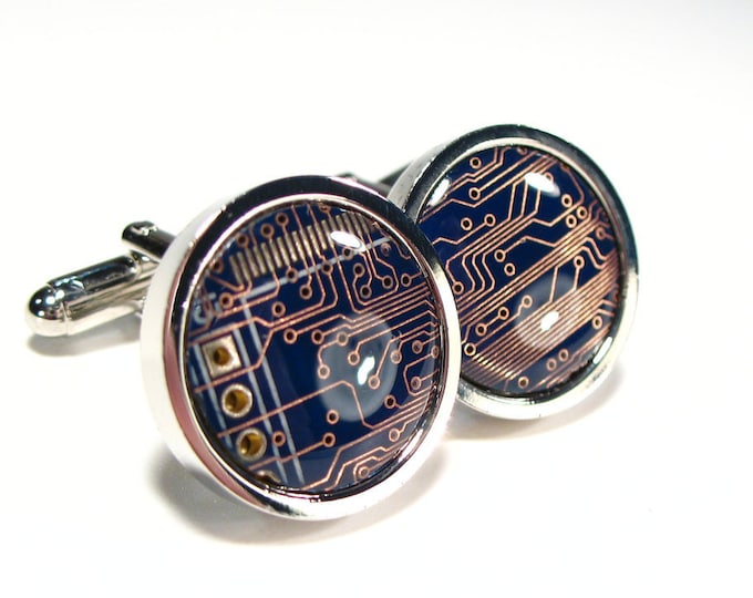 Featured listing image: Real Recycled Circuit Board Cufflinks, Blue, Geek Jewelry, Men's Gift, Computer Chip, Electronic, Accessory, Eco, Recycled, Motherboard.