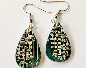 Recycled Green Circuit Board Teardrop Earrings