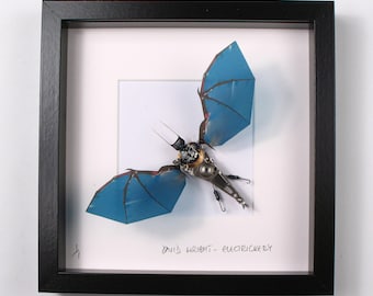 Blue Bat Framed Wall Art | Recycled Sculpture