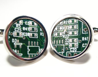 Circuit Board Cufflinks Dark Green  Gift For Him Geek Jewelry Men's Gift Computer Electronic PCB Accessory Eco Recycled Motherboard