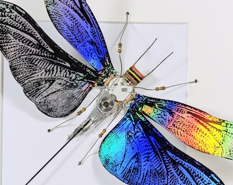 Grey Iridescent Dragonfly, Made From Recycled Electrical Waste by David Wright at Electrickery. Techsidermy