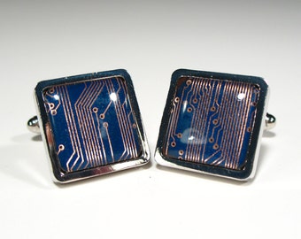 Circuit Board Cufflinks Blue Square Geek Jewelry Men's Gift Computer Chip Electronic Accessory Recycled Motherboard  Gift For Him