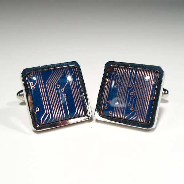 Circuit Board Cufflinks Blue Square Geek Jewelry Men's Gift Computer Chip Electronic Accessory Recycled Motherboard  Gift For Him