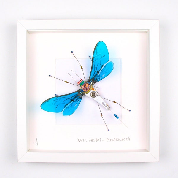 Faux Taxidermy Blue Electrickery Bug Framed Insect Art Damselfly Computer Chip Christmas Present Electronic Art Geek Gift For Him