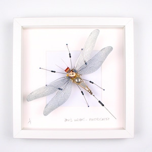 May include: A white framed artwork featuring a dragonfly made of electronic components. The dragonfly is silver and blue with a gold body. The artwork is signed "Danis Wright - Electricery".