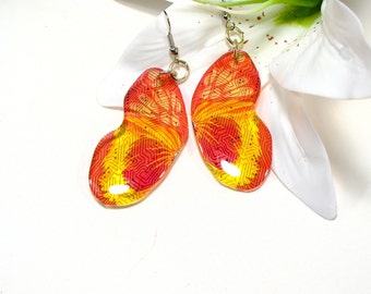 Orange butterfly earrings, circuit pattern, silver plated ear wires, resin butterfly, resin jewellery, bug jewellery, nature inspired.