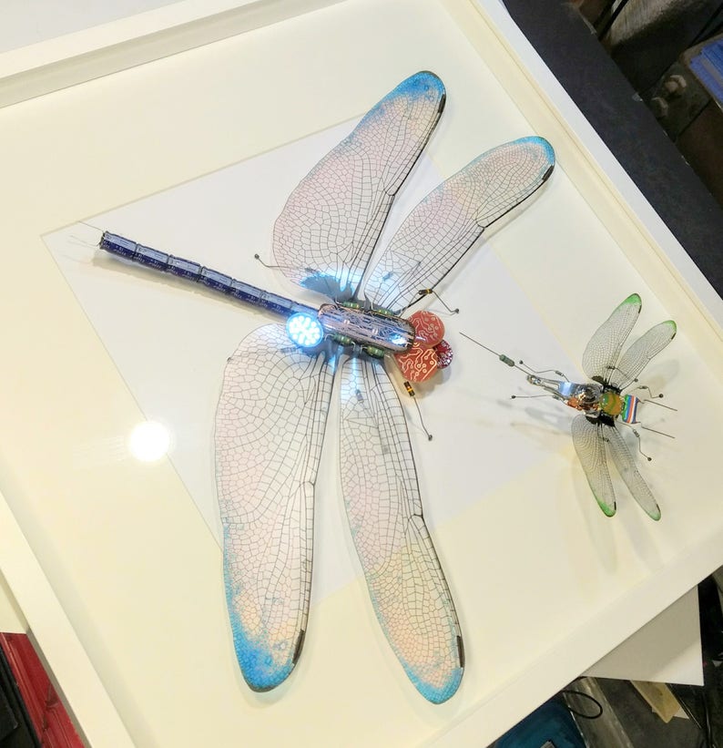 Giant Dragonfly Recycled Art Wings Framed Art Blue Dragonfly Insect Art Steampunk Dragonfly Mother's Day Gift For Her By Electrickery image 3