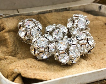 Vintage 10mm Rhinestone Bead Balls Crystal Prong Set - Strass Balls - Metal Beads - High Quality Czech - Silver - 6pcs