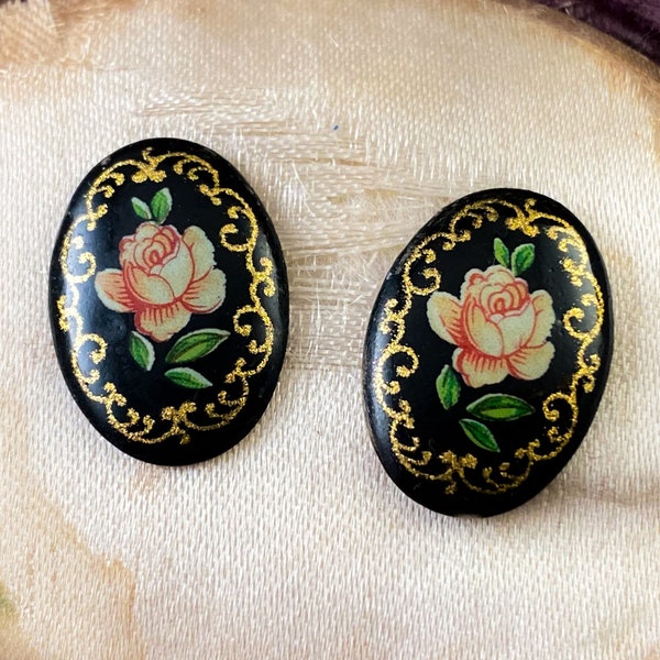 Rare Vintage 18x13 Victorian Oval Rose Fancy Decal Porcelain Limoge Cabochon - West German - 2 pcs