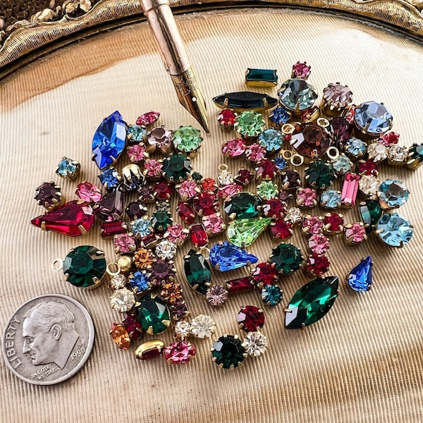 Vintage SET Rhinestones in Settings Lot Fancy Mix - Large Fancy Sizes - Vintage Quality Crystal - Mixed Colors Shapes & Sizes - 25 Grams SET