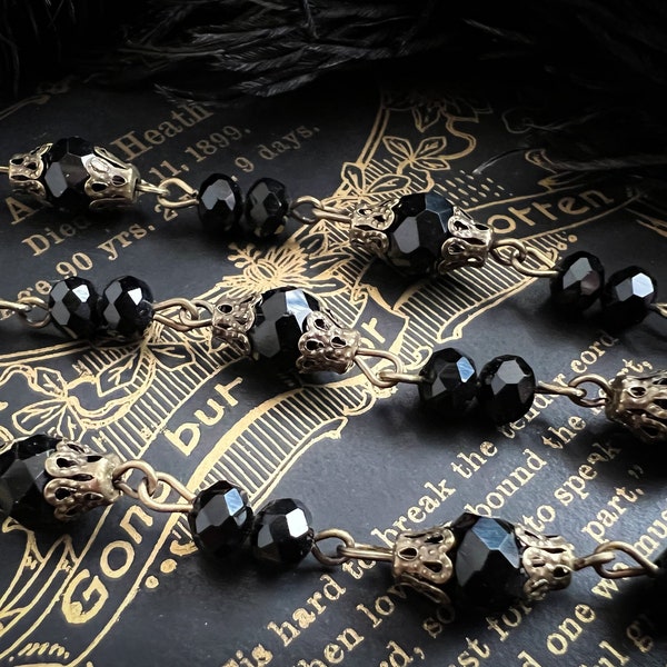 Custom Jet Black Mourning Rosary Chain Glass Beaded Fancy Filigree Black Jet 8mm and 6mm - Aged Relic Patina - 12 inches or 1 Foot