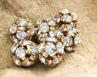 Vintage 8mm Rhinestone Bead Balls Crystal Prong Set - Strass Balls - Vintage Metal Beads - High Quality Czech - Gold - 6pcs