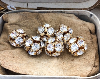 Vintage 10mm Rhinestone Bead Balls Crystal Prong Set - Strass Balls - Metal Beads - High Quality Czech - Gold - 6pcs