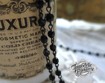 4mm Czech Jet Black Rosary Glass Beaded Chain Black Patina - Aged Black Brass Patina Antiqued Chain - 12 inches or 1 Foot