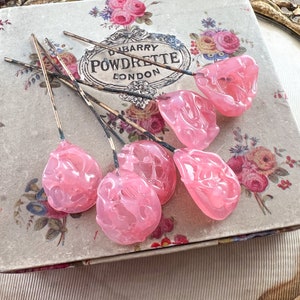 Vintage Pink Lampwork Stamen, Tiara Glass Flower Stems Leaves, Flower Headpins, Shabby chic Leaves, Millinery, Wedding Pick - 6pcs