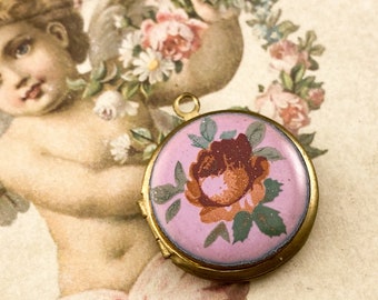 Vintage Enamel Locket Floral Purple Pendant 20mm Naturally Aged  - Gorgeous Aged Shabby Creative Piece! Limited Supply -1pc