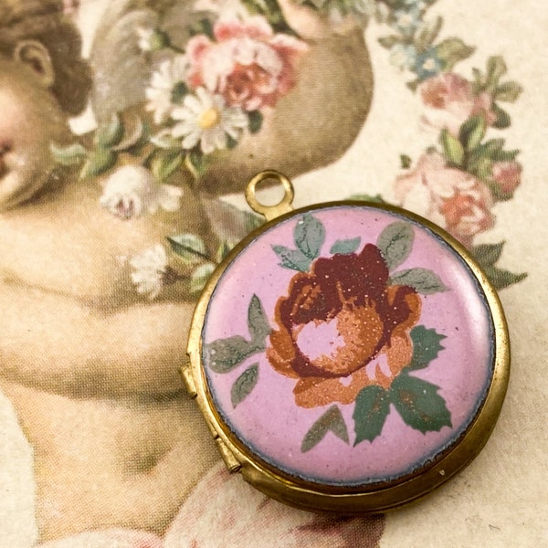 Vintage Enamel Locket Floral Purple Pendant 20mm Naturally Aged  - Gorgeous Aged Shabby Creative Piece! Limited Supply -1pc