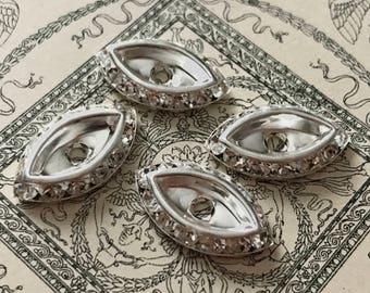 Vintage 15x7 Navette Marquis Setting Silver Rhinestone Channel Set Crystal Glue in Setting - 4pcs