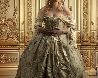 May include: A woman in a historical gown with a high hairstyle stands in a gold-toned room. The off-the-shoulder dress features floral patterns, ruffles, and a fitted bodice. The background has ornate gold paneling.