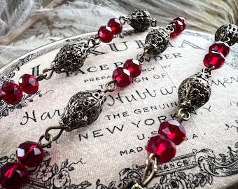 Filigree Ruby Rosary Chain Glass Beaded Fancy Filigree Ruby 8mm and 6mm - Immortelle Exclusive - Aged Relic Patina - 12 inches or 1 Foot