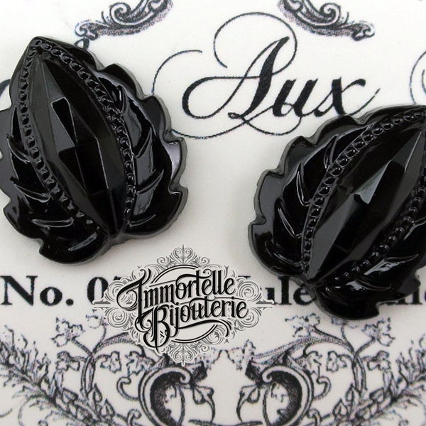 Vintage 18x13 Pear Jet Black Onyx Leaf Cabochon Jewel Stone Gem - Rare West German Glass Faceted Cut, Flat Back - Fits 18x13 setting - 2 PCS