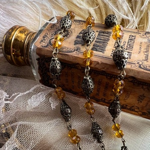 Filigree Topaz Gold Rosary Chain Glass Beaded Fancy Filigree 8mm and 6mm - Immortelle Exclusive - Aged Relic Patina - 12 inches or 1 Foot
