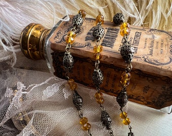 Filigree Topaz Gold Rosary Chain Glass Beaded Fancy Filigree 8mm and 6mm - Immortelle Exclusive - Aged Relic Patina - 12 inches or 1 Foot