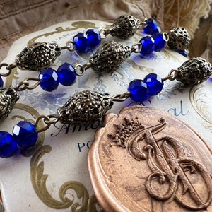 Filigree Sapphire Blue Rosary Filigree Chain Glass Beaded Fancy 8mm and 6mm - Immortelle Exclusive - Aged Relic Patina - 12 inches or 1 Foot