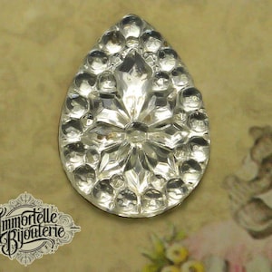 Vintage 25x18mm Teardrop Pear RARE Vintage Clear Floral Flower Imprint Textured Cabochon, Foil Back - 2pcs