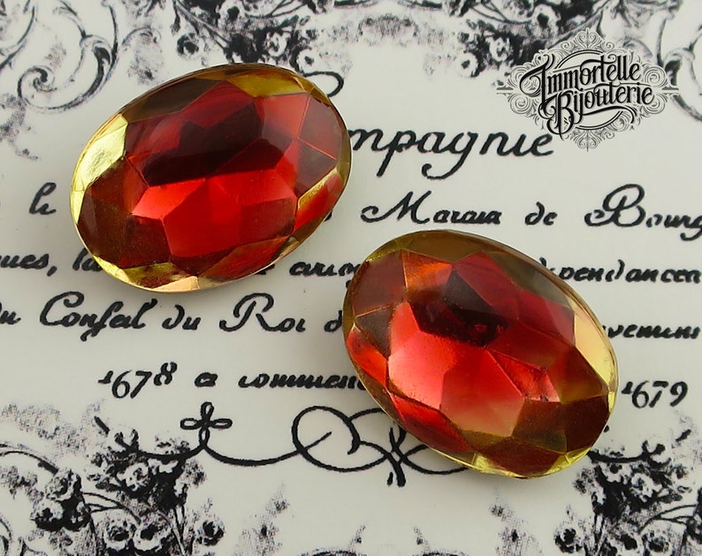 Vintage 18x13mm Oval Givre Ruby Red Jonquil Creol Glass Two Tone Cabochon Gem Jewel Stone Rhinestone High Quality West German 2 pcs image 2