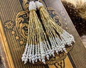 Vintage Hand Beaded Tassel Gold Cream Jewelry Part Boho Flapper Art Deco Earring Finding Japan -2pcs