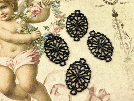 Brass Filigree Stamping 2 Ring 20mmx12mm - Noir Black Brass Patina - Quality USA made Decorative Earring Findings - 4pcs