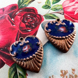 RARE Vintage Enamel Heart Pendant Charm, Hand Painted Japan Puffed Cobalt Blue Floral Enamel Heart Pendant, Victorian Enamel Charm - 2pcs