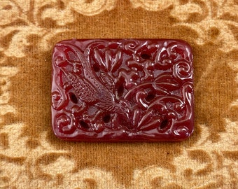 Vintage Bird Peking Glass Cabochon 33x24mm Floral Pierced Embossed Flat Back - Carnelian - Large Glass High Quality Japan Glass Jewel - 2pcs