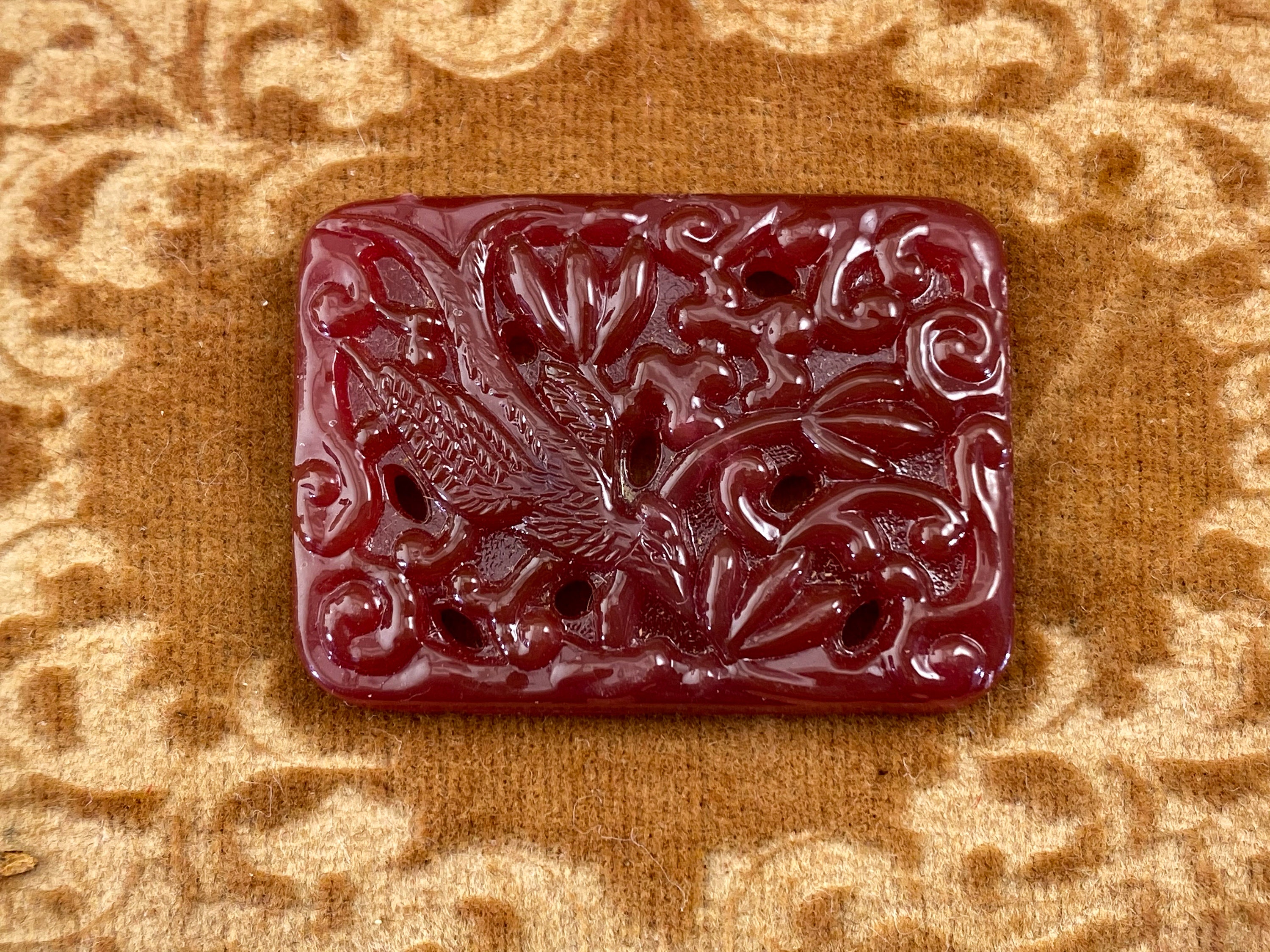 Vintage Bird Peking Glass Cabochon 33x24mm Floral Pierced Embossed Flat Back 2pcs Carnelian Large Glass High Quality Japan Glass Jewel