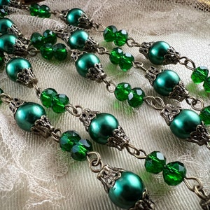 Custom Emerald Pearl Crystal Rosary Necklace Chain Footage Glass Beaded Fancy Filigree 8mm and 6mm - Aged Relic Patina - 12 inches or 1 Foot