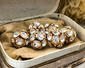 Vintage 12mm Rhinestone Bead Balls Crystal Prong Set - Strass Balls NS - High Quality Czech Republic - Sparkling Gold Bead - 6pcs