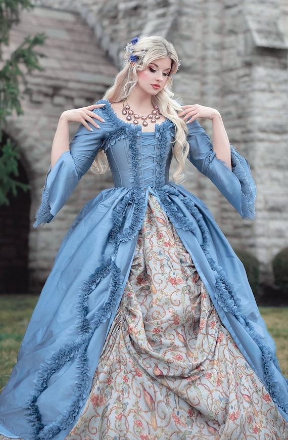 blue rococo dress Marie Antoinette Gown Parisian | French Court | Rococo Ball Gown | Versailles Costume up on the bodice