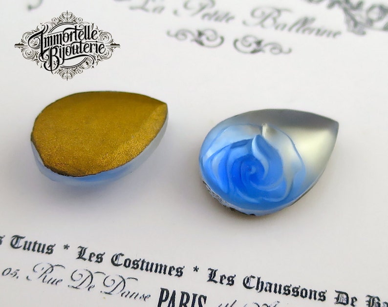 Vintage 18x13 Pear Teardrop Sapphire Blue Glass Rose Cabochon Embossed Gem Stone Jewel ULTRA RARE 2 PCS image 2