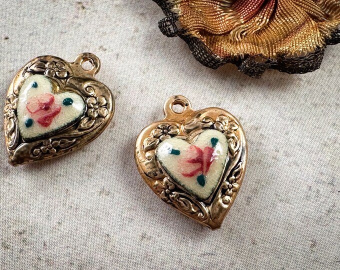 Vintage Guilloche Enamel Puffed Heart Charms, Brass Hearts, 15x12mm